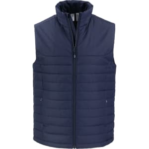 Navy blue men's puffer vest with a zip front, featuring a sleek, quilted design and a stand-up collar.