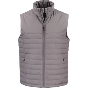 A grey men’s eco puffer vest with a zipped front and high collar, featuring a logo on the chest.