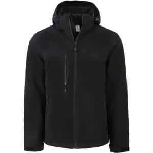 A black Men’s Cornice 3-in-1 Eco Systems Parka with a hood and multiple zippered pockets. It features a logo.