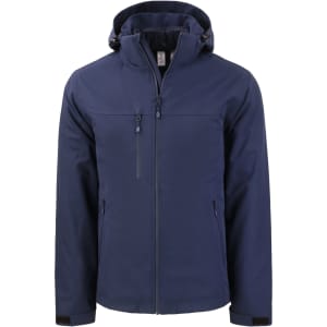A navy blue Men’s Cornice 3-in-1 Eco Systems Parka jacket with a hood and multiple zip pockets. It features a logo.