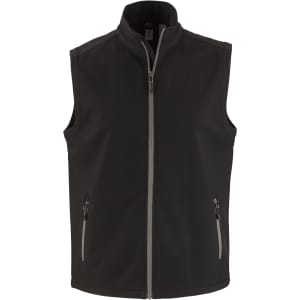 A black eco stretch vest with a stand-up collar and two zippered pockets, featuring a logo on the chest.