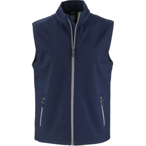 A navy blue men's vest with a zip front and two side pockets. It features a logo on the front.