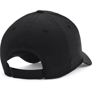 A black cap featuring a sleek design and a rear opening for an adjustable fit, with a logo on the side.
