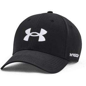 A black cap featuring a branded logo on the front and another logo on the side.