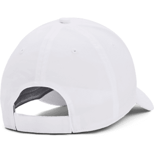 A white cap featuring a rear adjustment strap and a logo on the side.