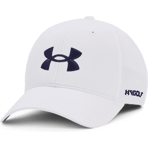 A white cap with a black visor and a logo on the front, featuring a sleek design for headwear.