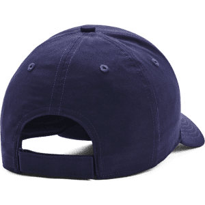 A navy cap with a curved brim and adjustable strap at the back, featuring a logo.