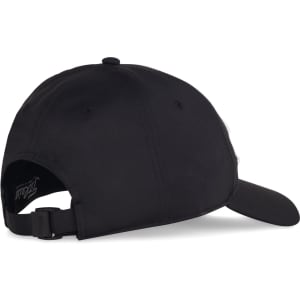 A black cap featuring a structured design and an adjustable strap at the back, with a logo present.