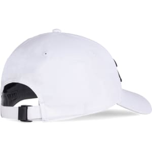 A white cap featuring a black underside and a logo on the side. The cap has an adjustable strap at the back.