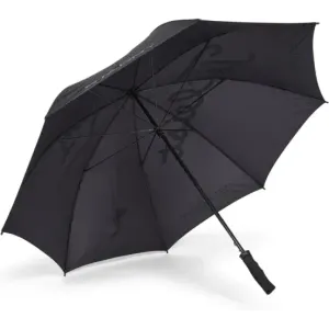 A black single canopy umbrella with a handle and a logo. Suitable for leisure and outdoor activities.