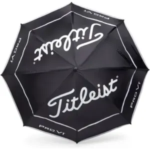 A black double canopy umbrella featuring a logo, ideal for leisure and outdoor activities.