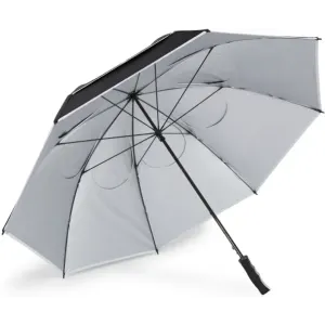 A grey and black double canopy umbrella with a curved handle and a sturdy frame. It features a branding logo.