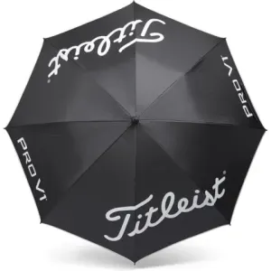 A black single canopy umbrella featuring a logo, ideal for leisure and outdoor use.