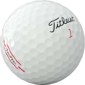 A white golf ball featuring dimples, with a logo and the text "TruFeel" and "1" in black and red.