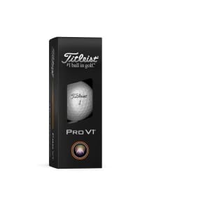 A black box containing three white golf balls, labelled Pro V1, featuring a logo.