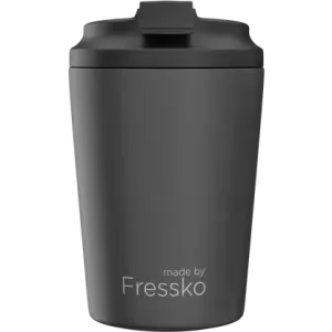 A reusable cup in matte black with a lid and a logo, designed for 8oz (230ml) beverages.