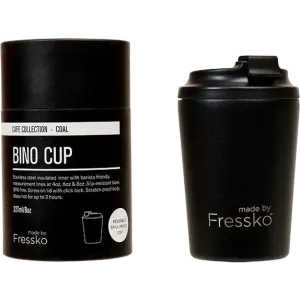 A reusable black cup with a sip-resistant lid and a stainless steel interior, featuring a branding logo.