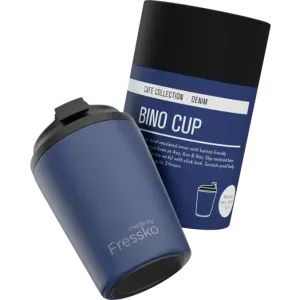A drink bottle in navy blue, featuring a removable lid and a cylindrical container with a logo.