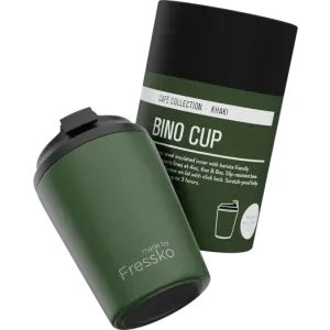 A reusable cup in khaki green, featuring a screw-on lid and a logo, packaged with a cylindrical outer sleeve.