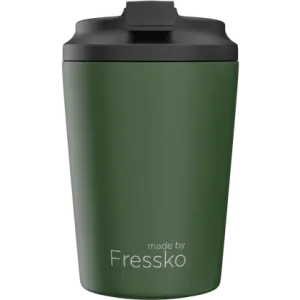 A green reusable cup with a black lid and a logo on the side. Suitable for various beverages.