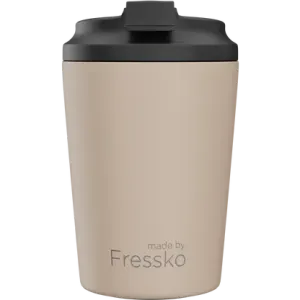 A reusable cup in beige with a black lid, featuring a logo. Holds 230ml (8oz) of liquid.