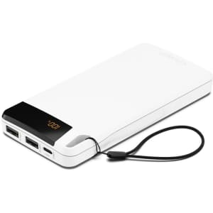 A white power bank with multiple USB ports and a detachable strap. It features a sleek, compact design.