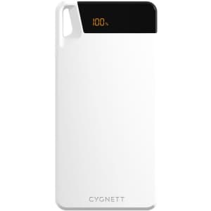 A white power bank with a digital display showing battery percentage. It features a logo on the bottom.