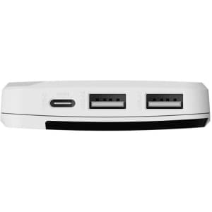A white power bank featuring a USB-C port and two USB-A ports. It has a smooth, rounded design.