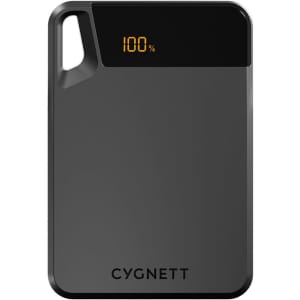 A black Cygnett Boost 5,000 mAh power bank with a digital battery level display and a branding logo.