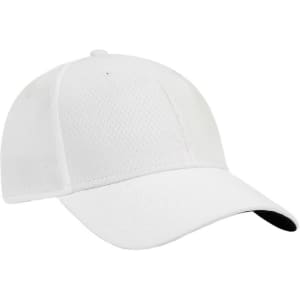 A white cap with a structured design and a black underside of the brim, featuring a logo.