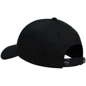 A black cap featuring a logo, designed with a curved brim and adjustable strap at the back.