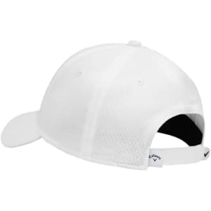 A white cap with a mesh design and a branded label on the side.
