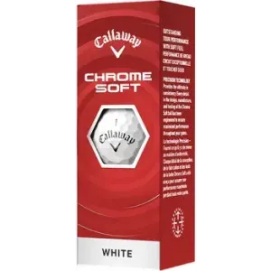Three white Callaway Chrome Soft golf balls packaged in a red box with branding.