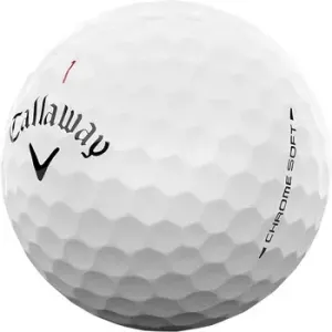 A white golf ball featuring a logo and text, designed as part of the Callaway Chrome Soft golf balls.