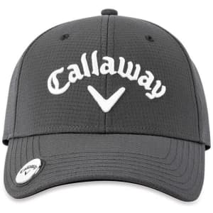 A grey cap with a white logo and branding, featuring a structured design and curved brim.