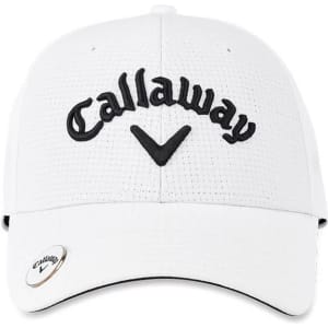 A white cap featuring a logo and black lettering, suitable for headwear.