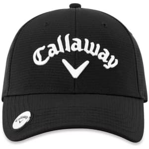 A black Callaway cap with a white embroidered logo and a small badge on the side.