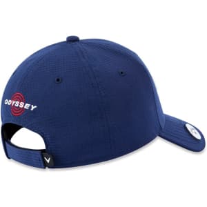 A navy cap with a logo on the back, featuring a fitted design and an adjustable strap.