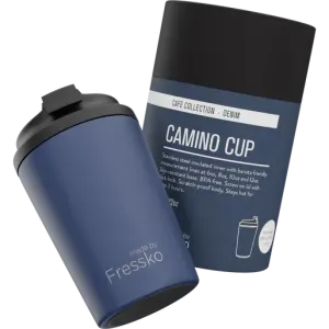 A reusable cup in denim blue and black, featuring a stainless steel interior and a sleek design, with a logo.
