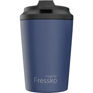 A drink bottle in blue with a black lid, featuring a logo on the front.