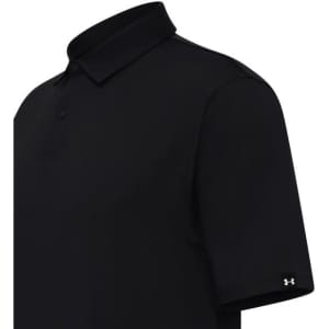 A men’s polo shirt in solid black with a collared neck and short sleeves, featuring a logo on the sleeve.