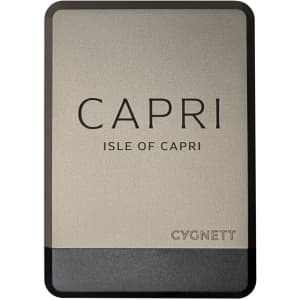 A silver and black power bank with a rectangular design, featuring a logo on the bottom.