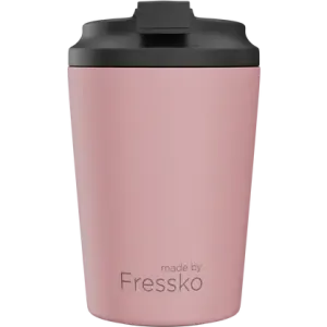 A drink bottle in pink with a black lid and a branding logo on the front. It has a capacity of 230ml.