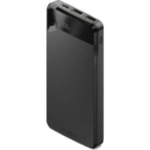 A black power bank with multiple ports and a digital charge indicator, featuring a logo.