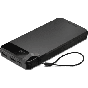 A black power bank with a strap and two USB ports, featuring a digital display for battery charge level.