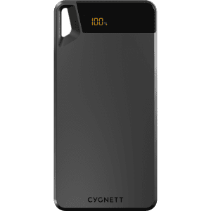 A black power bank with a sleek design, featuring a digital charge indicator and a logo.