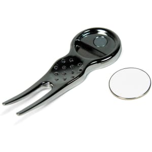 A chrome pitch repairer with a ball marker, featuring a sleek design and a circular silver marker disc.