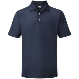 A navy blue men's polo shirt with a collar and three buttons, featuring a logo on the chest.