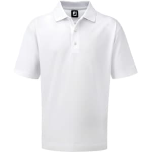 A white men's polo shirt with a collar, featuring a logo on the neckline. Suitable for casual or performance wear.
