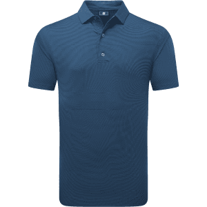 A men's short-sleeve polo shirt in a deep blue colour with a subtle stripe pattern and a branded logo.